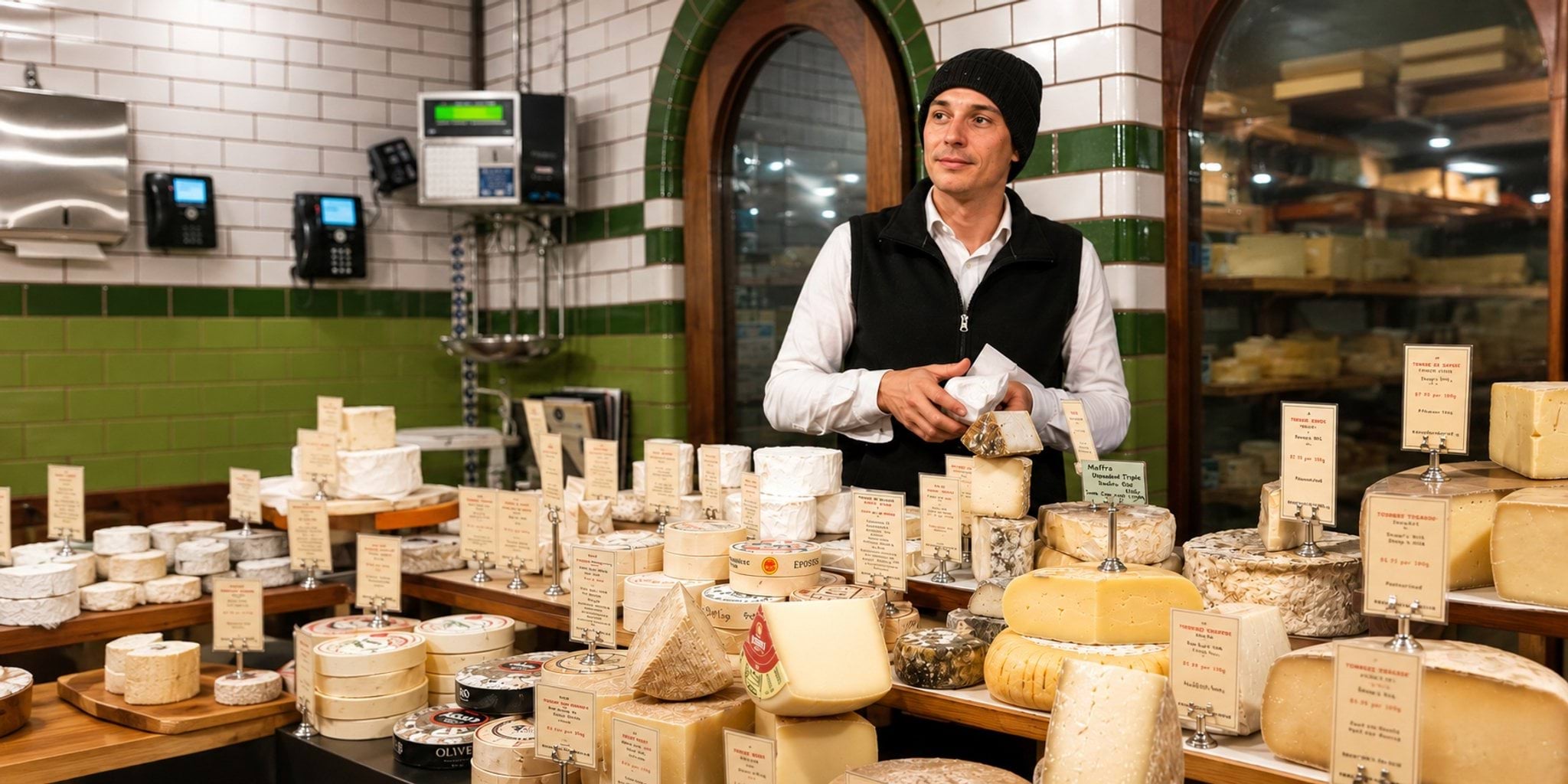 a cheesemonger standing behind a large display of cheeses